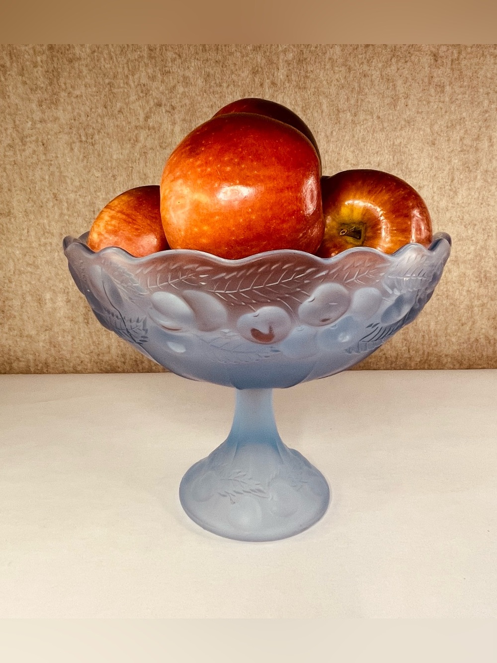Country Farmhouse Blue Frosted Indiana Glass Compote Footed Pedestal Fruit Bowl